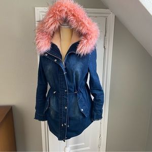 Pink Faux Fur and Denim Parka / Winter Jacket, Womens Medium